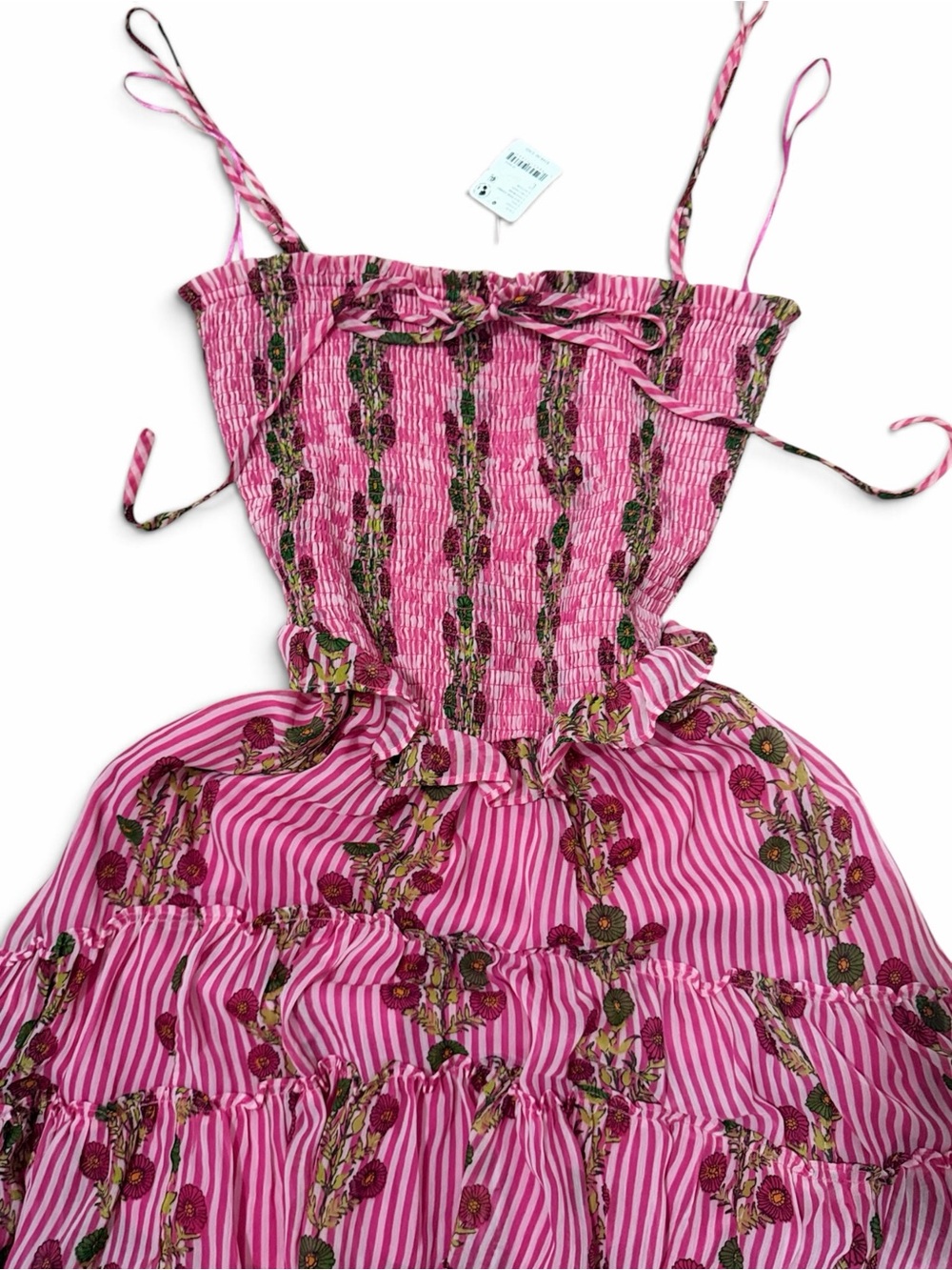 NWT Free People Hot Pink Floral Smocked Tiered Midi Dress L #073
